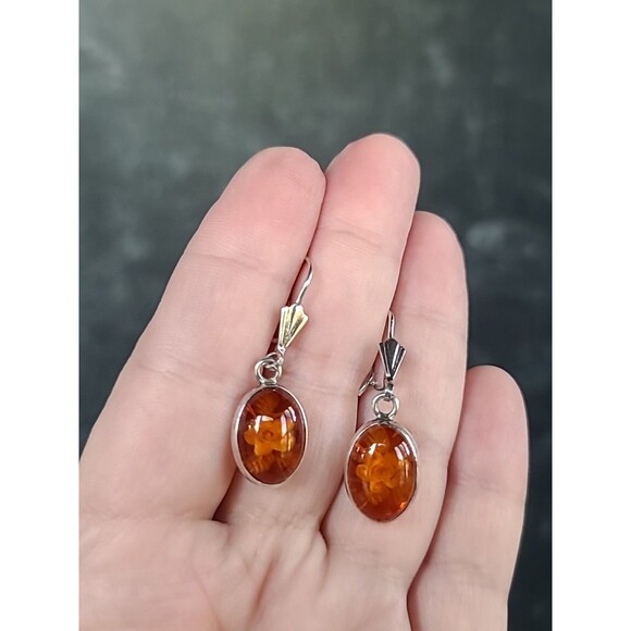 925 Sterling Silver Floral Resin Dangling Pierced Earrings Vintage - Picture 4 of 10